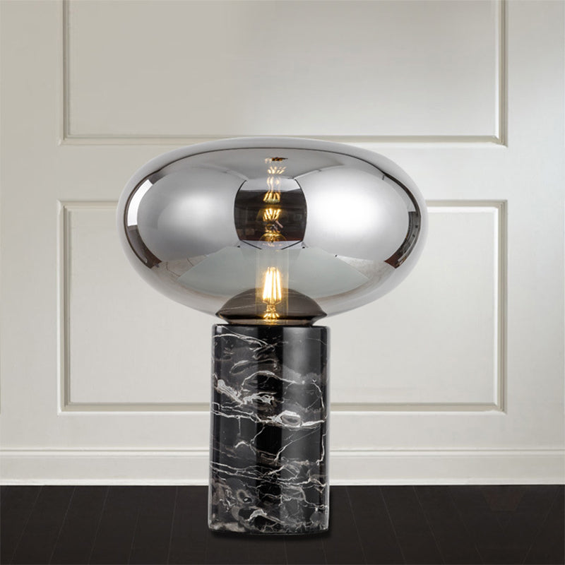 9"/12.5" Wide Cylinder Table Light Designer Marble 1 Head Black Night Lamp with Oval Grey/Amber Glass Shade Grey Clearhalo 'Lamps' 'Table Lamps' Lighting' 1983629