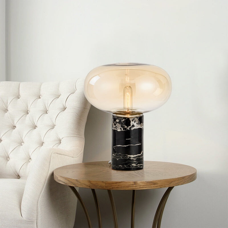 Post-Modern Oval Night Light Grey/Amber Glass 1 Bulb Living Room Table Lamp with Cylinder Marble Base in Black Amber Clearhalo 'Lamps' 'Table Lamps' Lighting' 1983631
