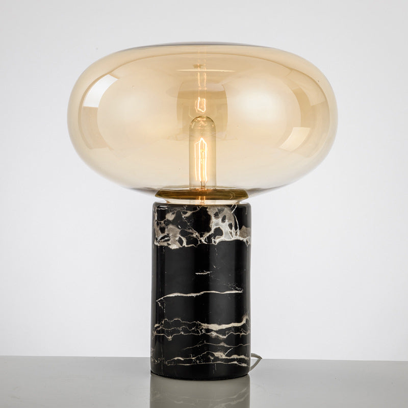 Post-Modern Oval Night Light Grey/Amber Glass 1 Bulb Living Room Table Lamp with Cylinder Marble Base in Black Clearhalo 'Lamps' 'Table Lamps' Lighting' 1983632