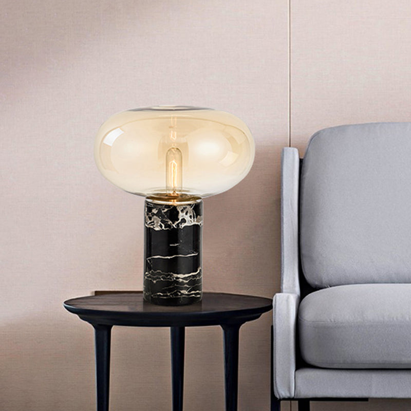 Post-Modern Oval Night Light Grey/Amber Glass 1 Bulb Living Room Table Lamp with Cylinder Marble Base in Black Clearhalo 'Lamps' 'Table Lamps' Lighting' 1983633