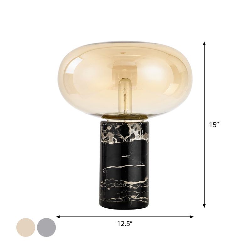 Post-Modern Oval Night Light Grey/Amber Glass 1 Bulb Living Room Table Lamp with Cylinder Marble Base in Black Clearhalo 'Lamps' 'Table Lamps' Lighting' 1983635