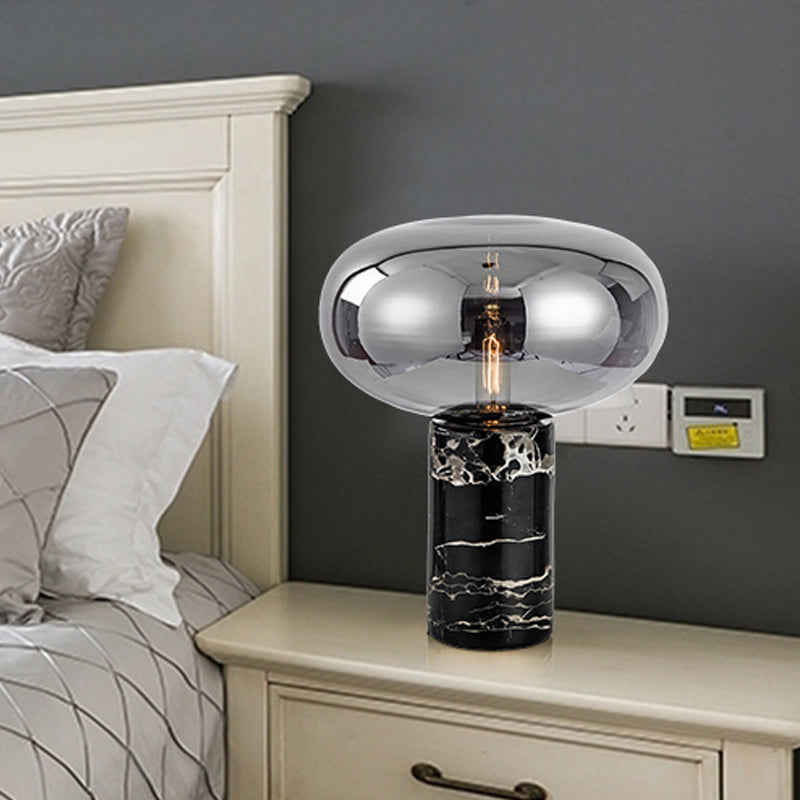 Post-Modern Oval Night Light Grey/Amber Glass 1 Bulb Living Room Table Lamp with Cylinder Marble Base in Black Clearhalo 'Lamps' 'Table Lamps' Lighting' 1983637
