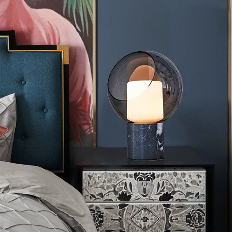Hemisphere Nightstand Lamp Designer Smoky Glass 8"/10" Wide 1 Head Black Table Light with Marble Base Black 10" Clearhalo 'Lamps' 'Table Lamps' Lighting' 1983754