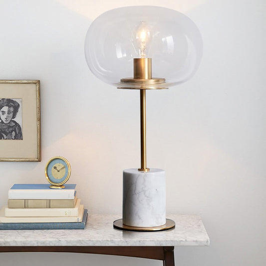 Oval Clear Glass Night Light Minimalist 1 Bulb Brass and White Table Lighting with Cylinder Marble Base Clearhalo 'Lamps' 'Table Lamps' Lighting' 1983766