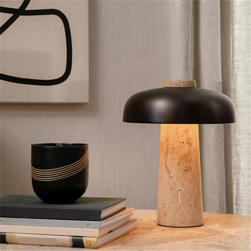 Minimalist Mushroom Shaped Nightstand Light Stone 1 Head Bedroom Table Lamp in Black and Beige Clearhalo 'Lamps' 'Table Lamps' Lighting' 1983780