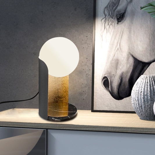 Designer Ball Shade Night Light White Glass 1 Bulb Bedroom Table Lamp with Curved Stand in Black and Gold Inner Clearhalo 'Lamps' 'Table Lamps' Lighting' 1983802