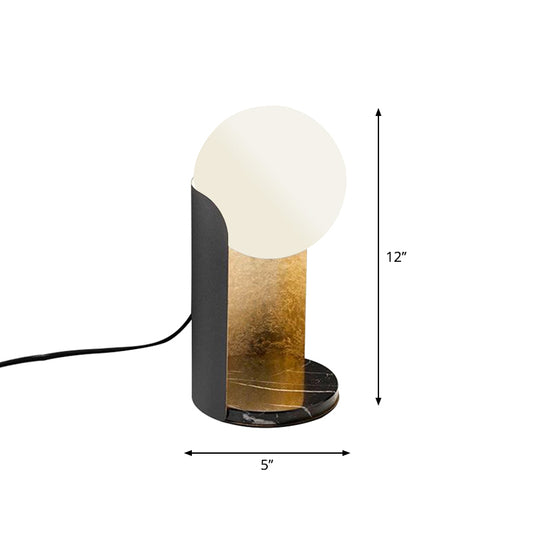 Designer Ball Shade Night Light White Glass 1 Bulb Bedroom Table Lamp with Curved Stand in Black and Gold Inner Clearhalo 'Lamps' 'Table Lamps' Lighting' 1983804