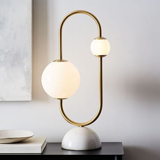 Brass Circuit Design Night Lamp Postmodern 2 Bulbs White Glass Table Lighting with Marble Base Clearhalo 'Lamps' 'Table Lamps' Lighting' 1983811