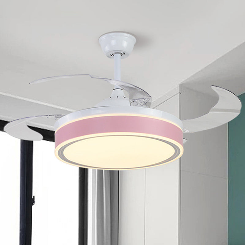 Acrylic Round 4 Blades Pendant Fan Light Fixture Modern LED Semi Flush for Bedroom, 20" Wide Pink Clearhalo 'Ceiling Fans with Lights' 'Ceiling Fans' 'Modern Ceiling Fans' 'Modern' Lighting' 1983829