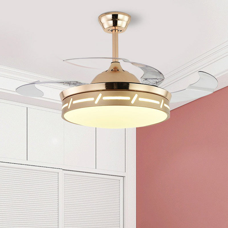 4 Blades LED Bedroom Semi Flush Contemporary 20" Wide Hanging Fan Light Fixture with Circle Acrylic Shade Gold Clearhalo 'Ceiling Fans with Lights' 'Ceiling Fans' 'Modern Ceiling Fans' 'Modern' Lighting' 1983864