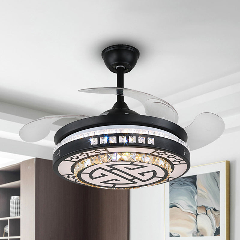 4 Blades Layered Bedroom Semi Flush Crystal 20" Wide LED Simplicity Hanging Fan Light Fixture in Black Black B Clearhalo 'Ceiling Fans with Lights' 'Ceiling Fans' 'Modern Ceiling Fans' 'Modern' Lighting' 1983872
