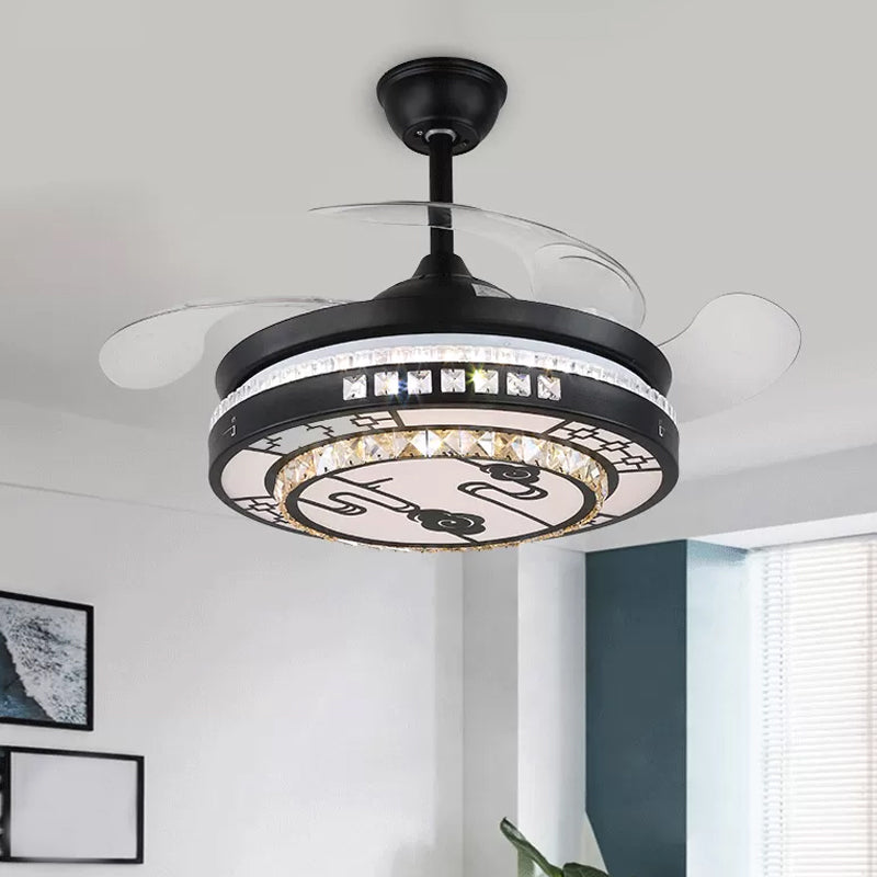 4 Blades Layered Bedroom Semi Flush Crystal 20" Wide LED Simplicity Hanging Fan Light Fixture in Black Black C Clearhalo 'Ceiling Fans with Lights' 'Ceiling Fans' 'Modern Ceiling Fans' 'Modern' Lighting' 1983876