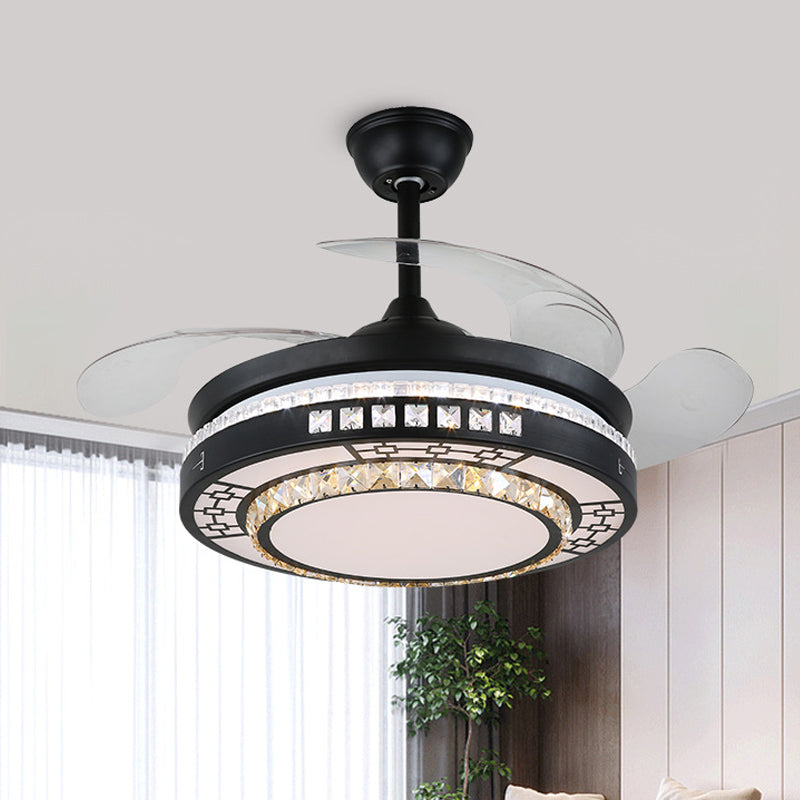 4 Blades Layered Bedroom Semi Flush Crystal 20" Wide LED Simplicity Hanging Fan Light Fixture in Black Black D Clearhalo 'Ceiling Fans with Lights' 'Ceiling Fans' 'Modern Ceiling Fans' 'Modern' Lighting' 1983880