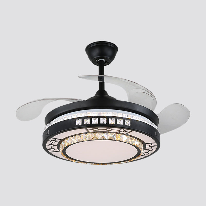 4 Blades Layered Bedroom Semi Flush Crystal 20" Wide LED Simplicity Hanging Fan Light Fixture in Black Clearhalo 'Ceiling Fans with Lights' 'Ceiling Fans' 'Modern Ceiling Fans' 'Modern' Lighting' 1983882