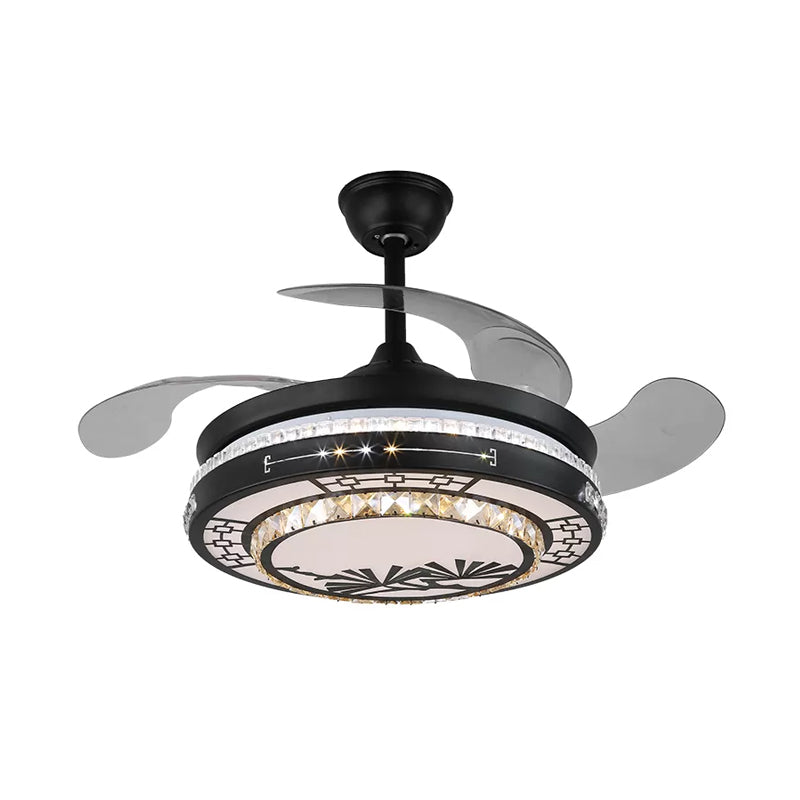 4 Blades Layered Bedroom Semi Flush Crystal 20" Wide LED Simplicity Hanging Fan Light Fixture in Black Black E Clearhalo 'Ceiling Fans with Lights' 'Ceiling Fans' 'Modern Ceiling Fans' 'Modern' Lighting' 1983884