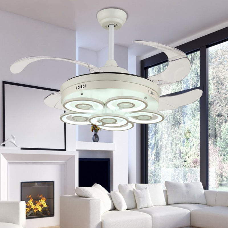 Loop Acrylic 4-Blade Pendant Fan Light Simplicity LED White Semi Flush Mount, 19" Wide White Clearhalo 'Ceiling Fans with Lights' 'Ceiling Fans' 'Modern Ceiling Fans' 'Modern' Lighting' 1983887