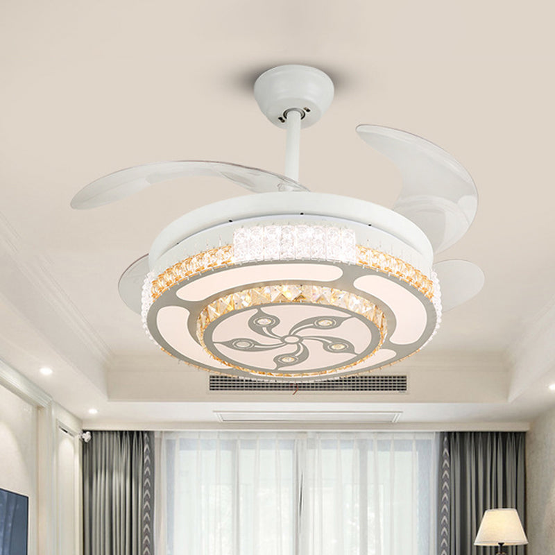 Tiered 4-Blade Semi Flush Mount Modernity Beveled Crystal 19" Wide LED White Hanging Fan Lamp Clearhalo 'Ceiling Fans with Lights' 'Ceiling Fans' 'Modern Ceiling Fans' 'Modern' Lighting' 1983920