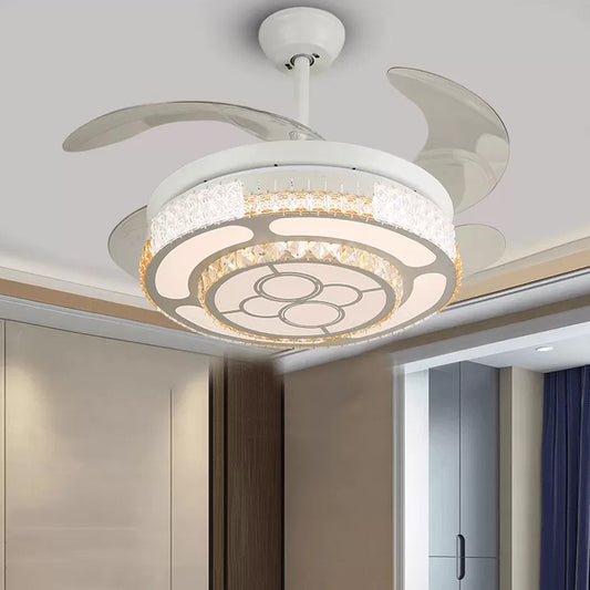 Tiered 4-Blade Semi Flush Mount Modernity Beveled Crystal 19" Wide LED White Hanging Fan Lamp White A Clearhalo 'Ceiling Fans with Lights' 'Ceiling Fans' 'Modern Ceiling Fans' 'Modern' Lighting' 1983924