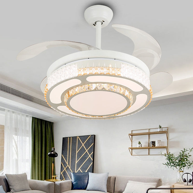 Tiered 4-Blade Semi Flush Mount Modernity Beveled Crystal 19" Wide LED White Hanging Fan Lamp White C Clearhalo 'Ceiling Fans with Lights' 'Ceiling Fans' 'Modern Ceiling Fans' 'Modern' Lighting' 1983928