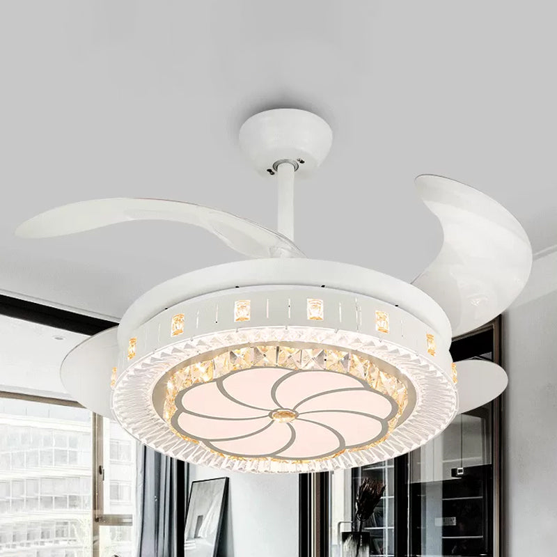 19" Wide White Layered Ceiling Fan Light Modernist LED Crystal Semi Flush Mount, 4 Blades Clearhalo 'Ceiling Fans with Lights' 'Ceiling Fans' 'Modern Ceiling Fans' 'Modern' Lighting' 1983943