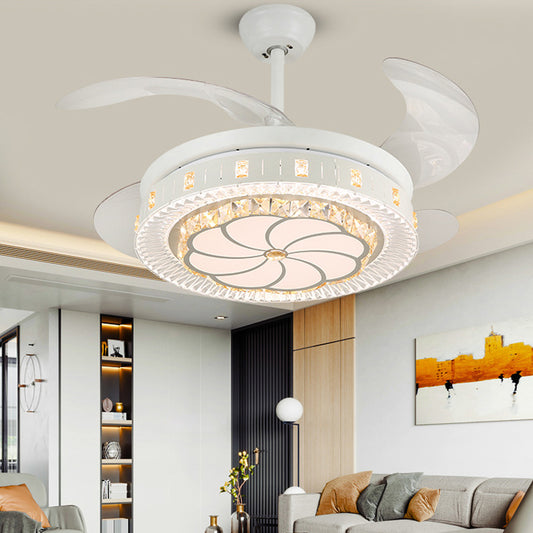 19" Wide White Layered Ceiling Fan Light Modernist LED Crystal Semi Flush Mount, 4 Blades Clearhalo 'Ceiling Fans with Lights' 'Ceiling Fans' 'Modern Ceiling Fans' 'Modern' Lighting' 1983944