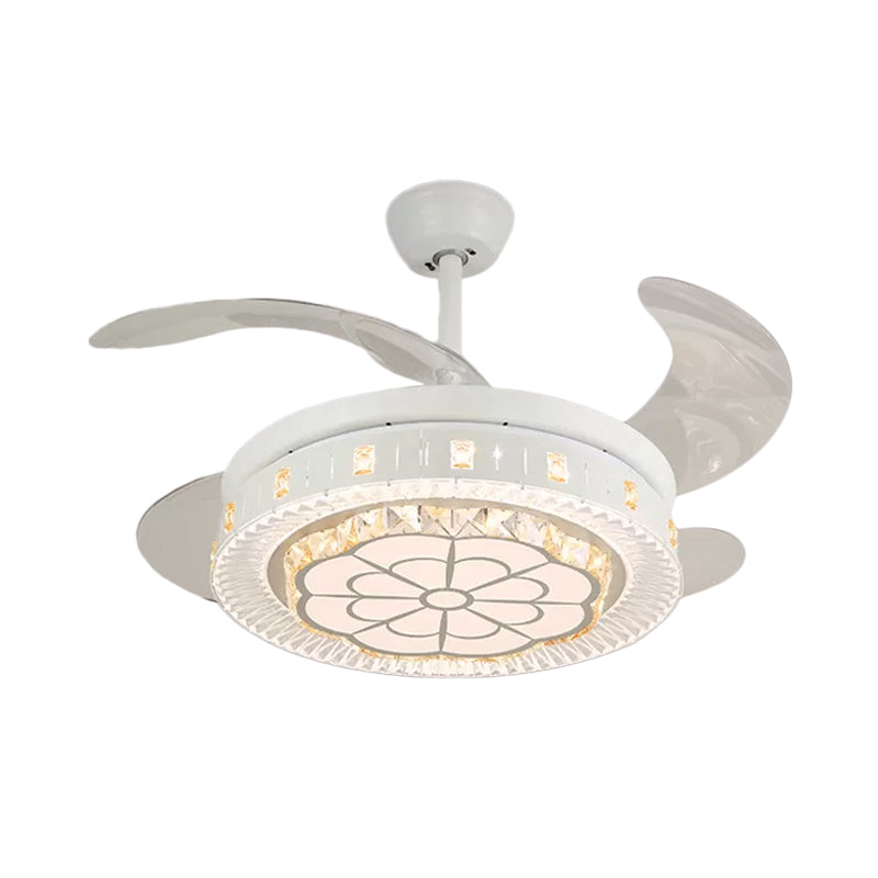 19" Wide White Layered Ceiling Fan Light Modernist LED Crystal Semi Flush Mount, 4 Blades Clearhalo 'Ceiling Fans with Lights' 'Ceiling Fans' 'Modern Ceiling Fans' 'Modern' Lighting' 1983949