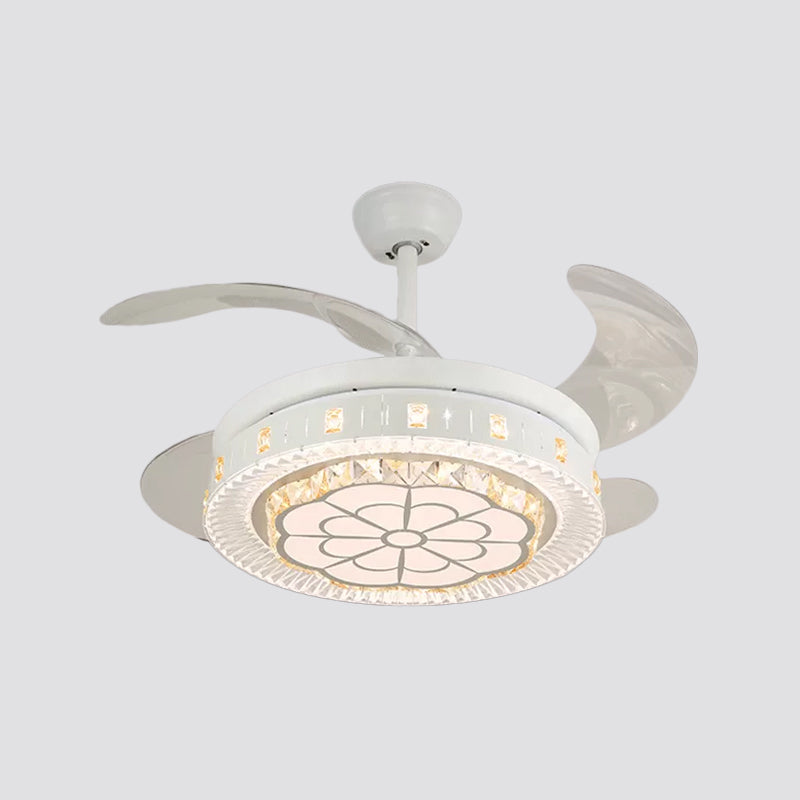 19" Wide White Layered Ceiling Fan Light Modernist LED Crystal Semi Flush Mount, 4 Blades Clearhalo 'Ceiling Fans with Lights' 'Ceiling Fans' 'Modern Ceiling Fans' 'Modern' Lighting' 1983950