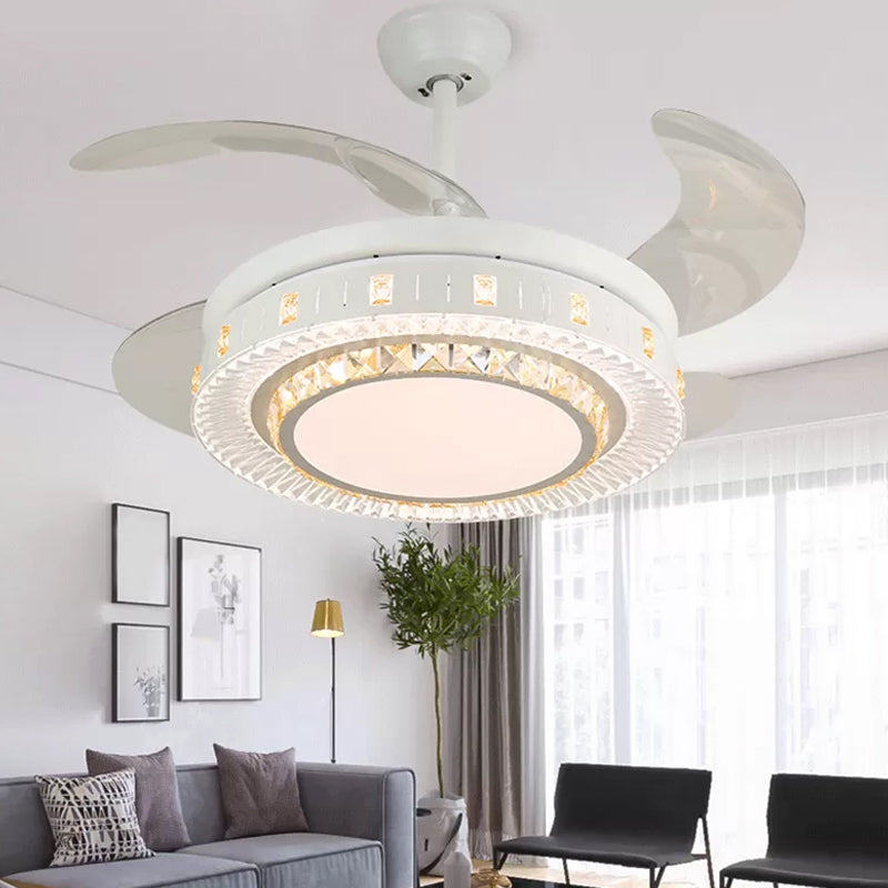19" Wide White Layered Ceiling Fan Light Modernist LED Crystal Semi Flush Mount, 4 Blades White C Clearhalo 'Ceiling Fans with Lights' 'Ceiling Fans' 'Modern Ceiling Fans' 'Modern' Lighting' 1983952