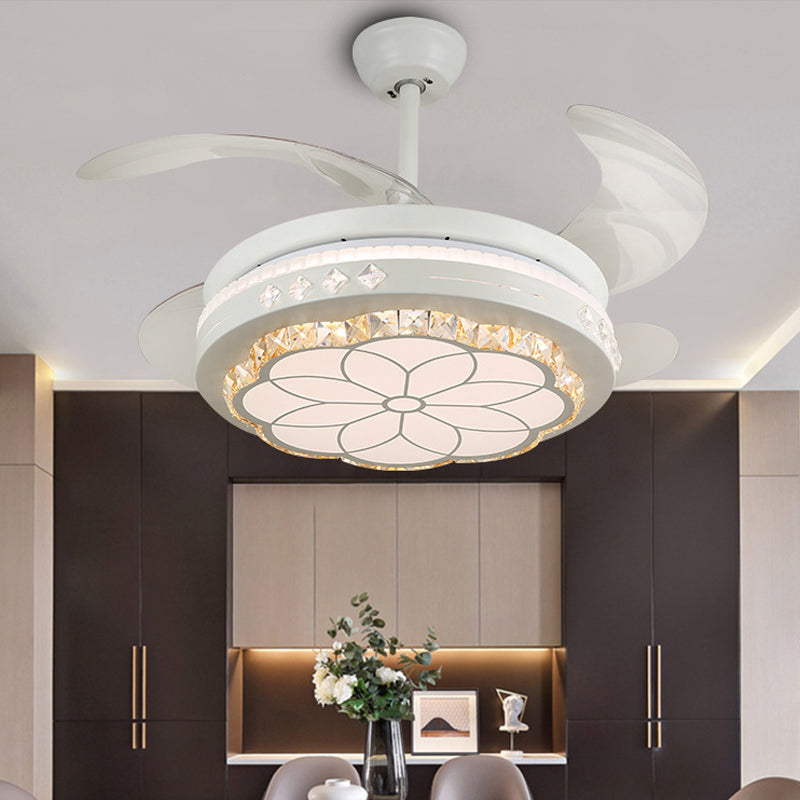 19" Wide Flower Pendant Fan Light Fixture Modern Living Room LED Semi Flush Mount Lighting in White with 4 Blades White B Clearhalo 'Ceiling Fans with Lights' 'Ceiling Fans' 'Modern Ceiling Fans' 'Modern' Lighting' 1983995