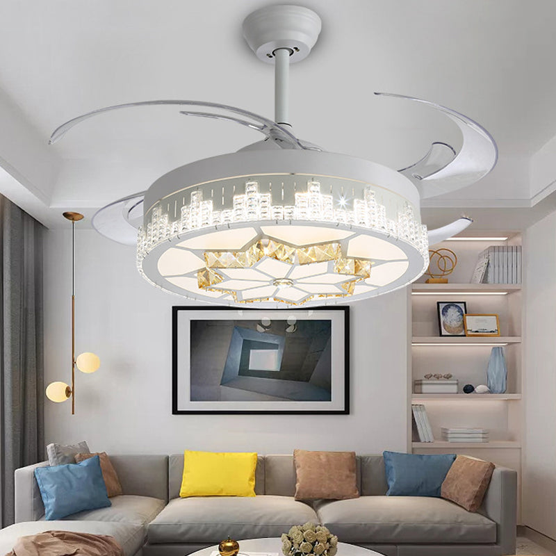 Nordic Round 4-Blade Semi Flush Light Fixture Crystal Living Room LED Hanging Fan Lamp in White, 19" Wide Clearhalo 'Ceiling Fans with Lights' 'Ceiling Fans' 'Modern Ceiling Fans' 'Modern' Lighting' 1984008