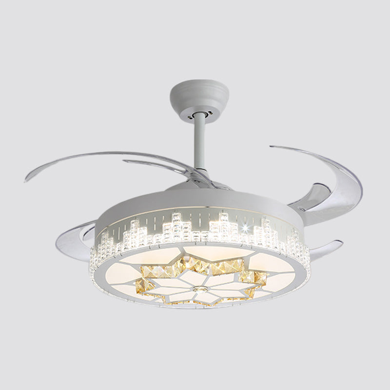 Nordic Round 4-Blade Semi Flush Light Fixture Crystal Living Room LED Hanging Fan Lamp in White, 19" Wide Clearhalo 'Ceiling Fans with Lights' 'Ceiling Fans' 'Modern Ceiling Fans' 'Modern' Lighting' 1984009