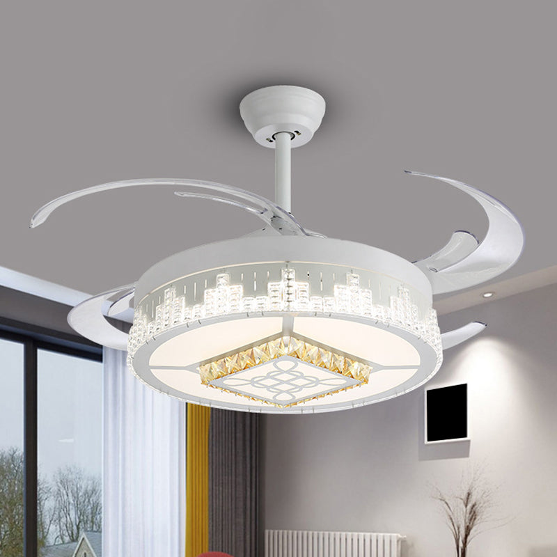 Nordic Round 4-Blade Semi Flush Light Fixture Crystal Living Room LED Hanging Fan Lamp in White, 19" Wide White A Clearhalo 'Ceiling Fans with Lights' 'Ceiling Fans' 'Modern Ceiling Fans' 'Modern' Lighting' 1984011
