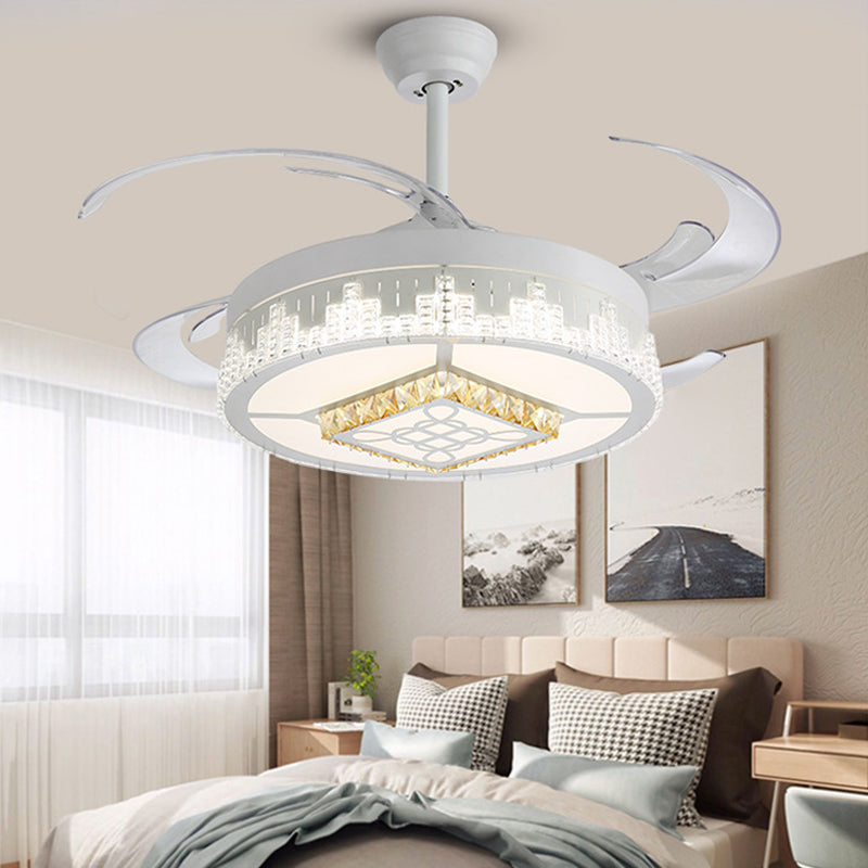 Nordic Round 4-Blade Semi Flush Light Fixture Crystal Living Room LED Hanging Fan Lamp in White, 19" Wide Clearhalo 'Ceiling Fans with Lights' 'Ceiling Fans' 'Modern Ceiling Fans' 'Modern' Lighting' 1984012
