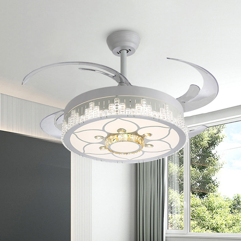 Nordic Round 4-Blade Semi Flush Light Fixture Crystal Living Room LED Hanging Fan Lamp in White, 19" Wide White C Clearhalo 'Ceiling Fans with Lights' 'Ceiling Fans' 'Modern Ceiling Fans' 'Modern' Lighting' 1984016
