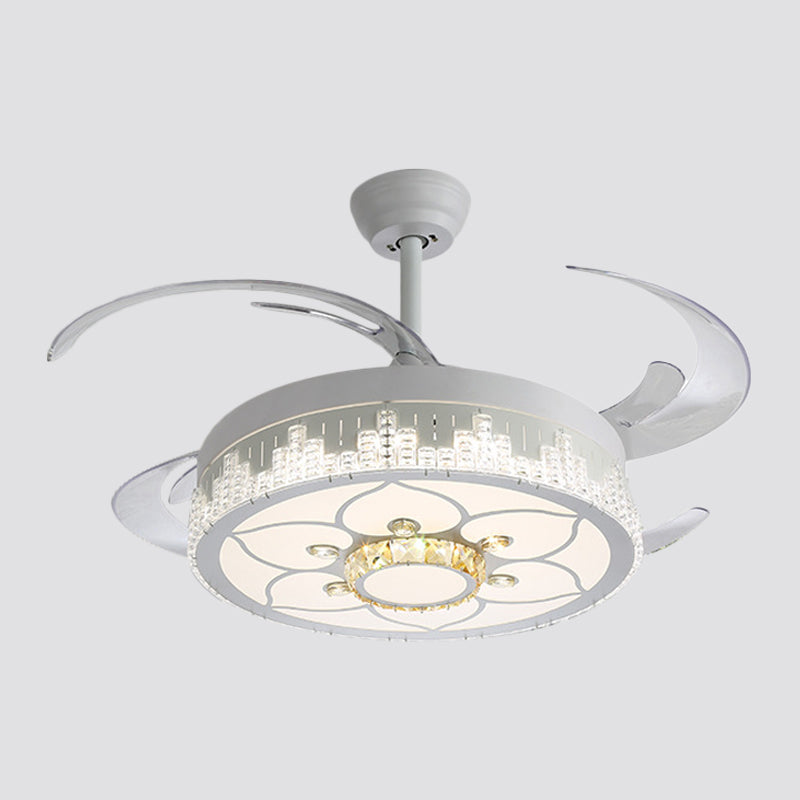 Nordic Round 4-Blade Semi Flush Light Fixture Crystal Living Room LED Hanging Fan Lamp in White, 19" Wide Clearhalo 'Ceiling Fans with Lights' 'Ceiling Fans' 'Modern Ceiling Fans' 'Modern' Lighting' 1984018