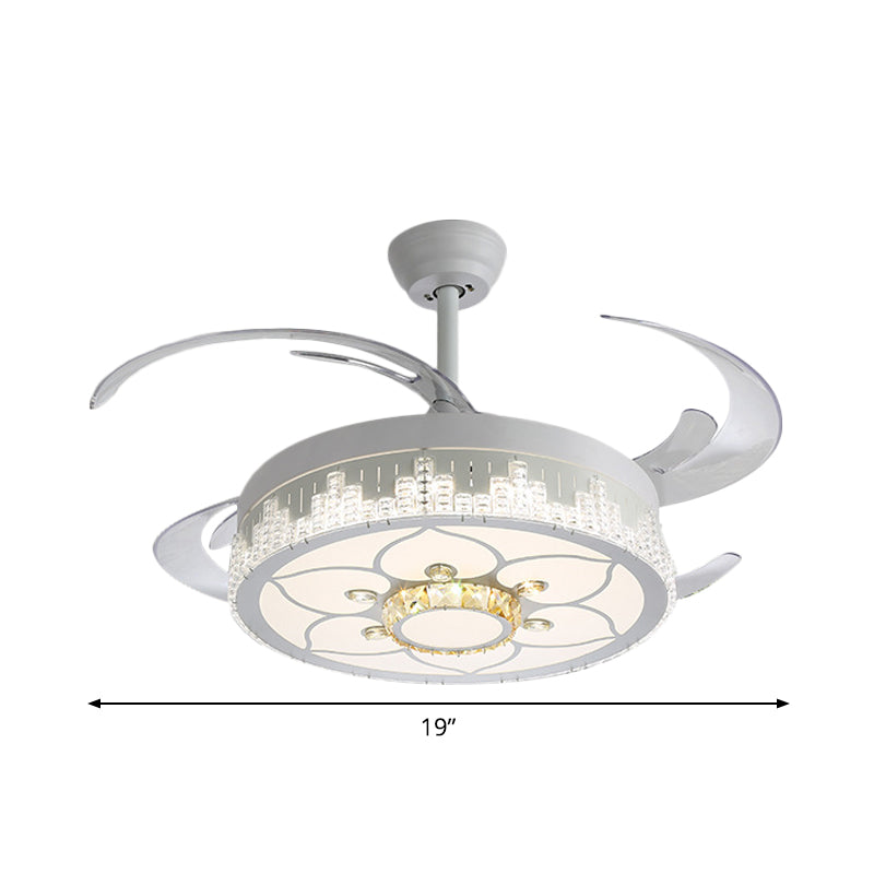 Nordic Round 4-Blade Semi Flush Light Fixture Crystal Living Room LED Hanging Fan Lamp in White, 19" Wide Clearhalo 'Ceiling Fans with Lights' 'Ceiling Fans' 'Modern Ceiling Fans' 'Modern' Lighting' 1984019