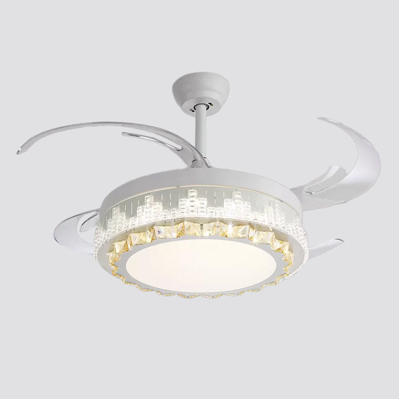 Nordic Round 4-Blade Semi Flush Light Fixture Crystal Living Room LED Hanging Fan Lamp in White, 19" Wide White D Clearhalo 'Ceiling Fans with Lights' 'Ceiling Fans' 'Modern Ceiling Fans' 'Modern' Lighting' 1984021