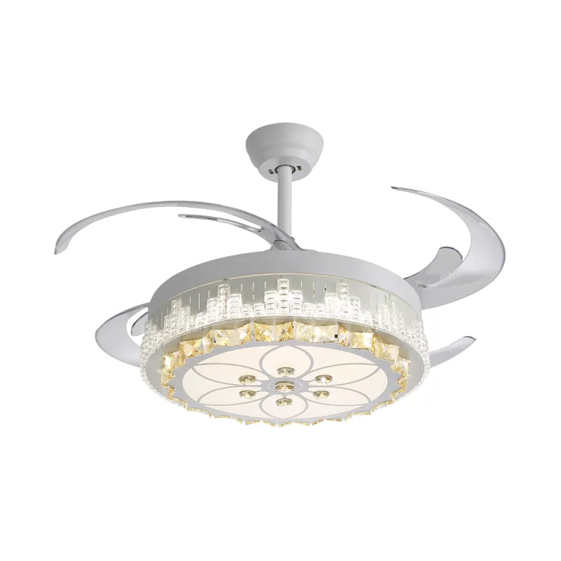 Nordic Round 4-Blade Semi Flush Light Fixture Crystal Living Room LED Hanging Fan Lamp in White, 19" Wide White E Clearhalo 'Ceiling Fans with Lights' 'Ceiling Fans' 'Modern Ceiling Fans' 'Modern' Lighting' 1984023