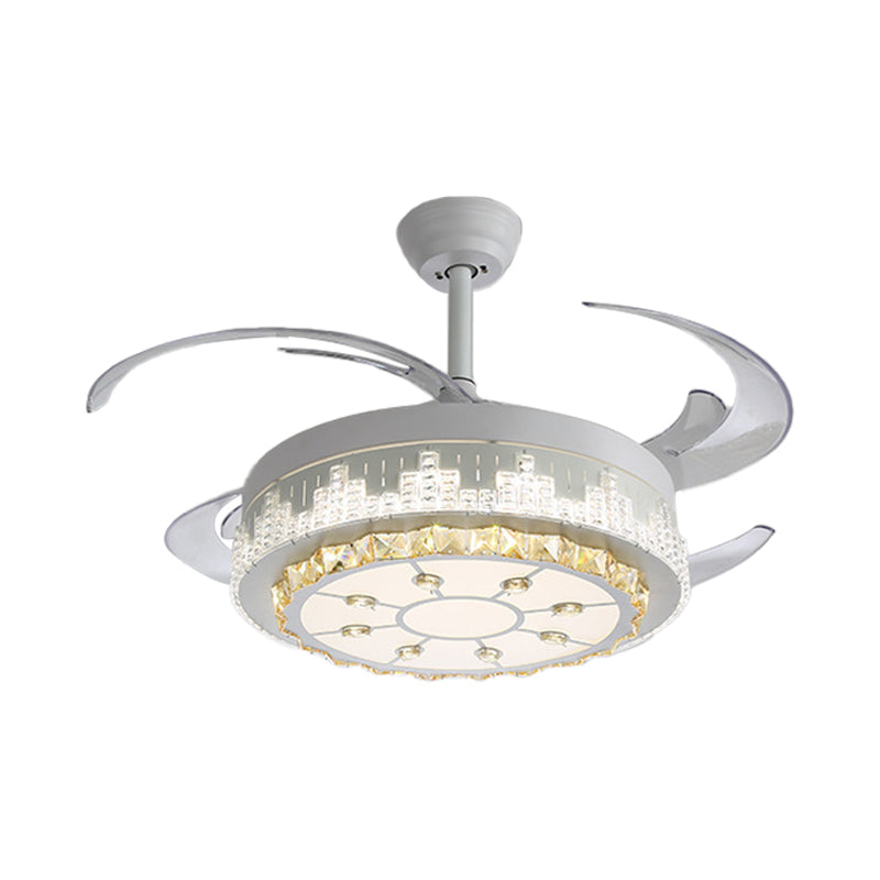 Nordic Round 4-Blade Semi Flush Light Fixture Crystal Living Room LED Hanging Fan Lamp in White, 19" Wide White F Clearhalo 'Ceiling Fans with Lights' 'Ceiling Fans' 'Modern Ceiling Fans' 'Modern' Lighting' 1984026