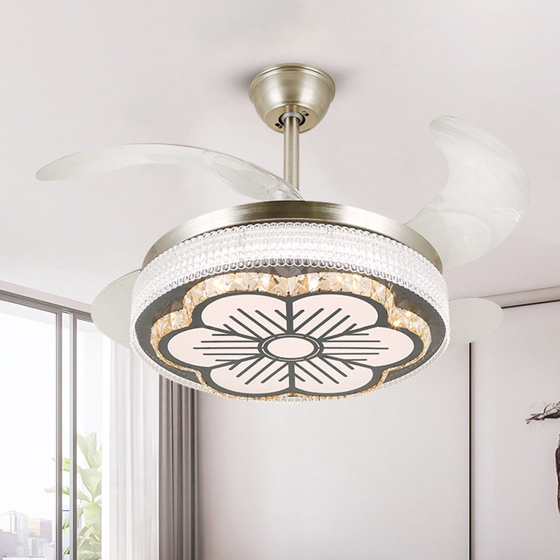 Crystal Tiered 4-Blade Semi Flush Ceiling Light Simplicity LED Hanging Fan Lamp in Silver, 19" Wide Silver A Clearhalo 'Ceiling Fans with Lights' 'Ceiling Fans' 'Modern Ceiling Fans' 'Modern' Lighting' 1984035