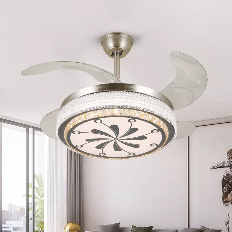 Crystal Tiered 4-Blade Semi Flush Ceiling Light Simplicity LED Hanging Fan Lamp in Silver, 19" Wide Silver D Clearhalo 'Ceiling Fans with Lights' 'Ceiling Fans' 'Modern Ceiling Fans' 'Modern' Lighting' 1984048