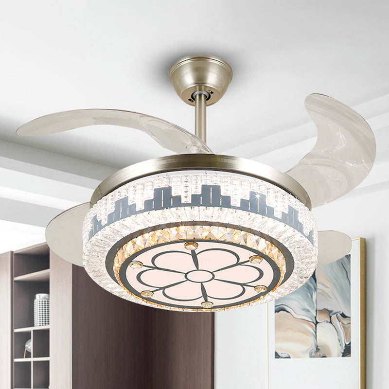 Layered Dining Room Hanging Fan Light Beveled Crystal 19" Wide LED Modern Semi Flush Ceiling Lamp, 4 Blades Silver A Clearhalo 'Ceiling Fans with Lights' 'Ceiling Fans' 'Modern Ceiling Fans' 'Modern' Lighting' 1984058