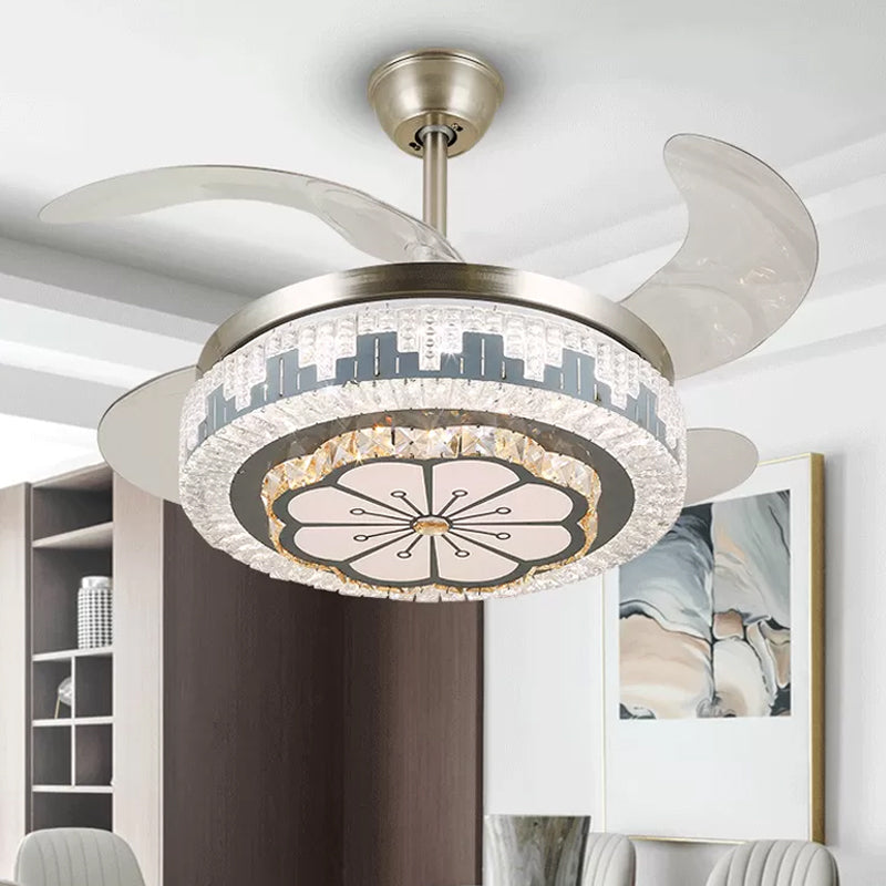Layered Dining Room Hanging Fan Light Beveled Crystal 19" Wide LED Modern Semi Flush Ceiling Lamp, 4 Blades Silver D Clearhalo 'Ceiling Fans with Lights' 'Ceiling Fans' 'Modern Ceiling Fans' 'Modern' Lighting' 1984063