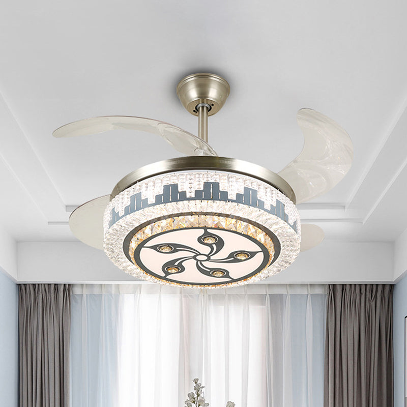 Layered Dining Room Hanging Fan Light Beveled Crystal 19" Wide LED Modern Semi Flush Ceiling Lamp, 4 Blades Silver B Clearhalo 'Ceiling Fans with Lights' 'Ceiling Fans' 'Modern Ceiling Fans' 'Modern' Lighting' 1984067
