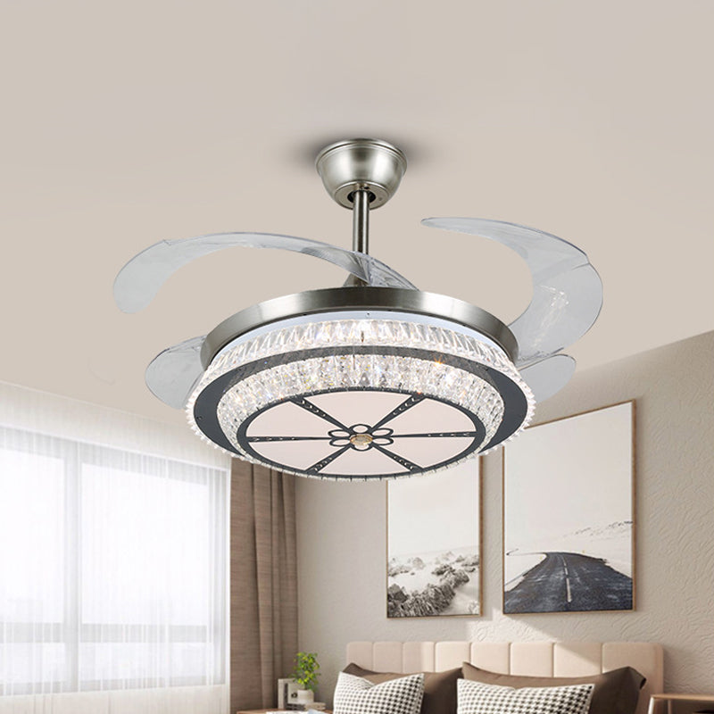 19" Wide Tiered Crystal Semi Flush Mount Light Simple LED Silver Hanging Fan Lamp Fixture with 4 Blades Silver A Clearhalo 'Ceiling Fans with Lights' 'Ceiling Fans' 'Modern Ceiling Fans' 'Modern' Lighting' 1984081