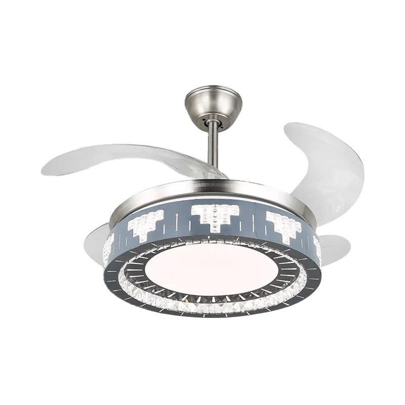 4-Blade Faceted Crystal Round Pendant Fan Light Modernity LED Silver Semi Mount Lighting, 19" Wide Silver A Clearhalo 'Ceiling Fans with Lights' 'Ceiling Fans' 'Modern Ceiling Fans' 'Modern' Lighting' 1984094