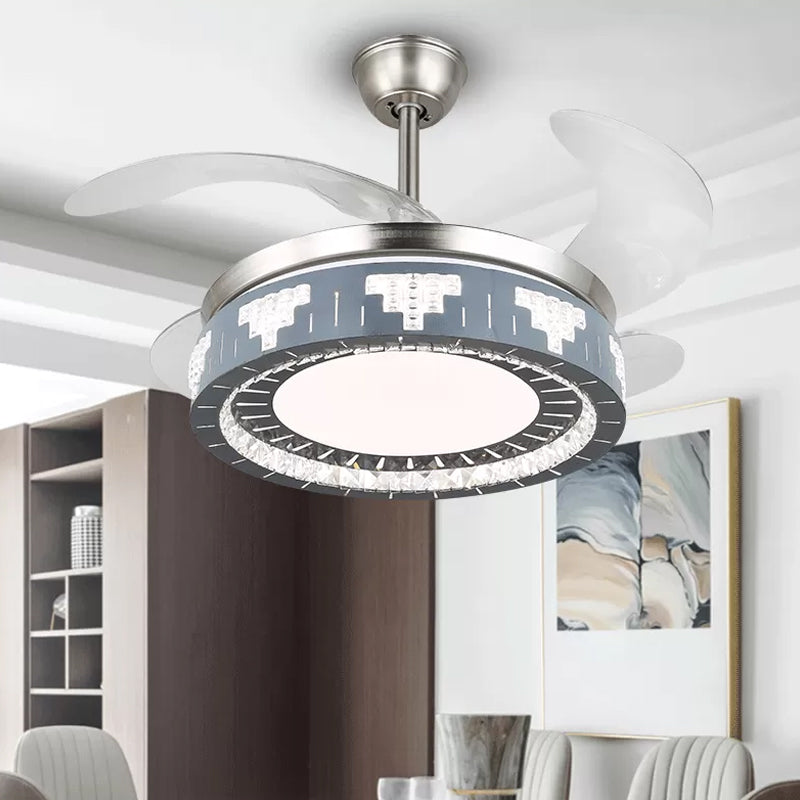 4-Blade Faceted Crystal Round Pendant Fan Light Modernity LED Silver Semi Mount Lighting, 19" Wide Clearhalo 'Ceiling Fans with Lights' 'Ceiling Fans' 'Modern Ceiling Fans' 'Modern' Lighting' 1984095