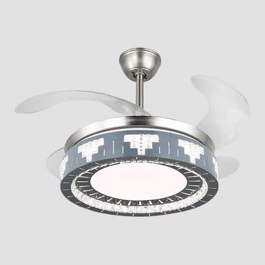 4-Blade Faceted Crystal Round Pendant Fan Light Modernity LED Silver Semi Mount Lighting, 19" Wide Clearhalo 'Ceiling Fans with Lights' 'Ceiling Fans' 'Modern Ceiling Fans' 'Modern' Lighting' 1984096