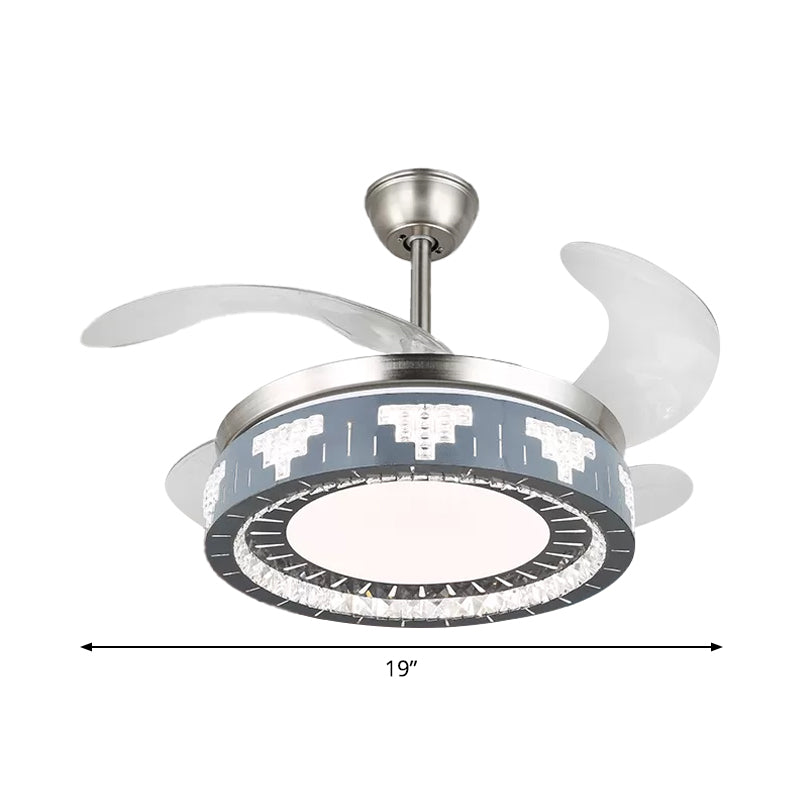 4-Blade Faceted Crystal Round Pendant Fan Light Modernity LED Silver Semi Mount Lighting, 19" Wide Clearhalo 'Ceiling Fans with Lights' 'Ceiling Fans' 'Modern Ceiling Fans' 'Modern' Lighting' 1984097