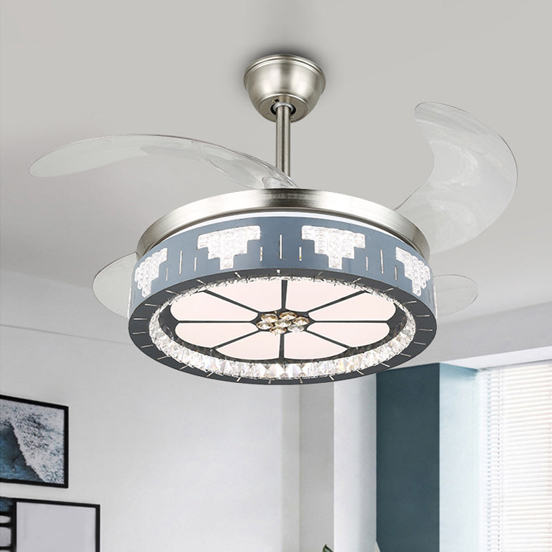 4-Blade Faceted Crystal Round Pendant Fan Light Modernity LED Silver Semi Mount Lighting, 19" Wide Silver B Clearhalo 'Ceiling Fans with Lights' 'Ceiling Fans' 'Modern Ceiling Fans' 'Modern' Lighting' 1984098